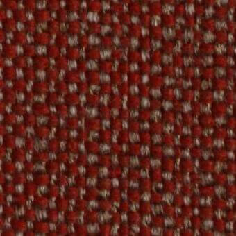 Reddish-orange woven fabric sample with square motifs, beige grid structure, dense texture, and visible “costantini pietro” label detail.
